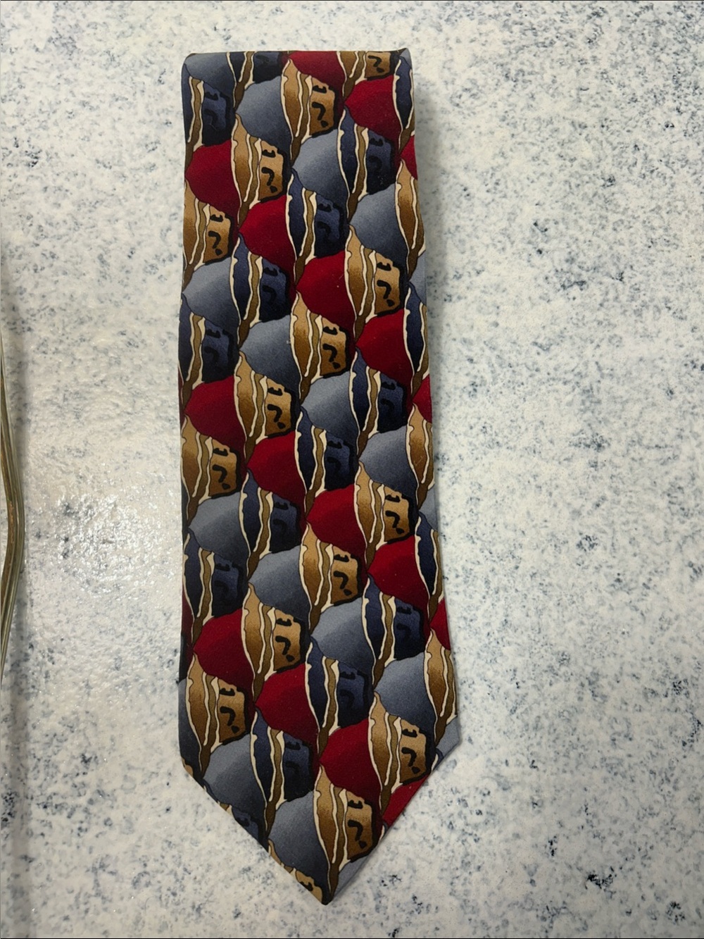 J. Garcia Men’s Patterned 100% Silk Tie in Red, Blue, and Brown - Picture 6 of 6